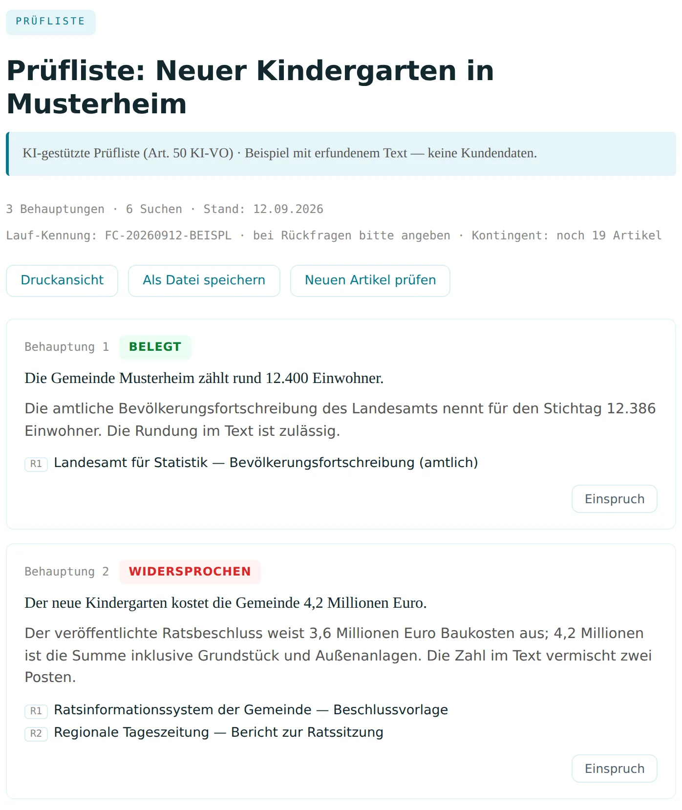 Prüfliste des Faktenchecks: eine Behauptung mit Urteil, ihre Quellen mit Rang R1 und R2, und der Knopf Einspruch, mit dem die Redaktion widersprechen kann. Beispiel mit erfundenem Text.